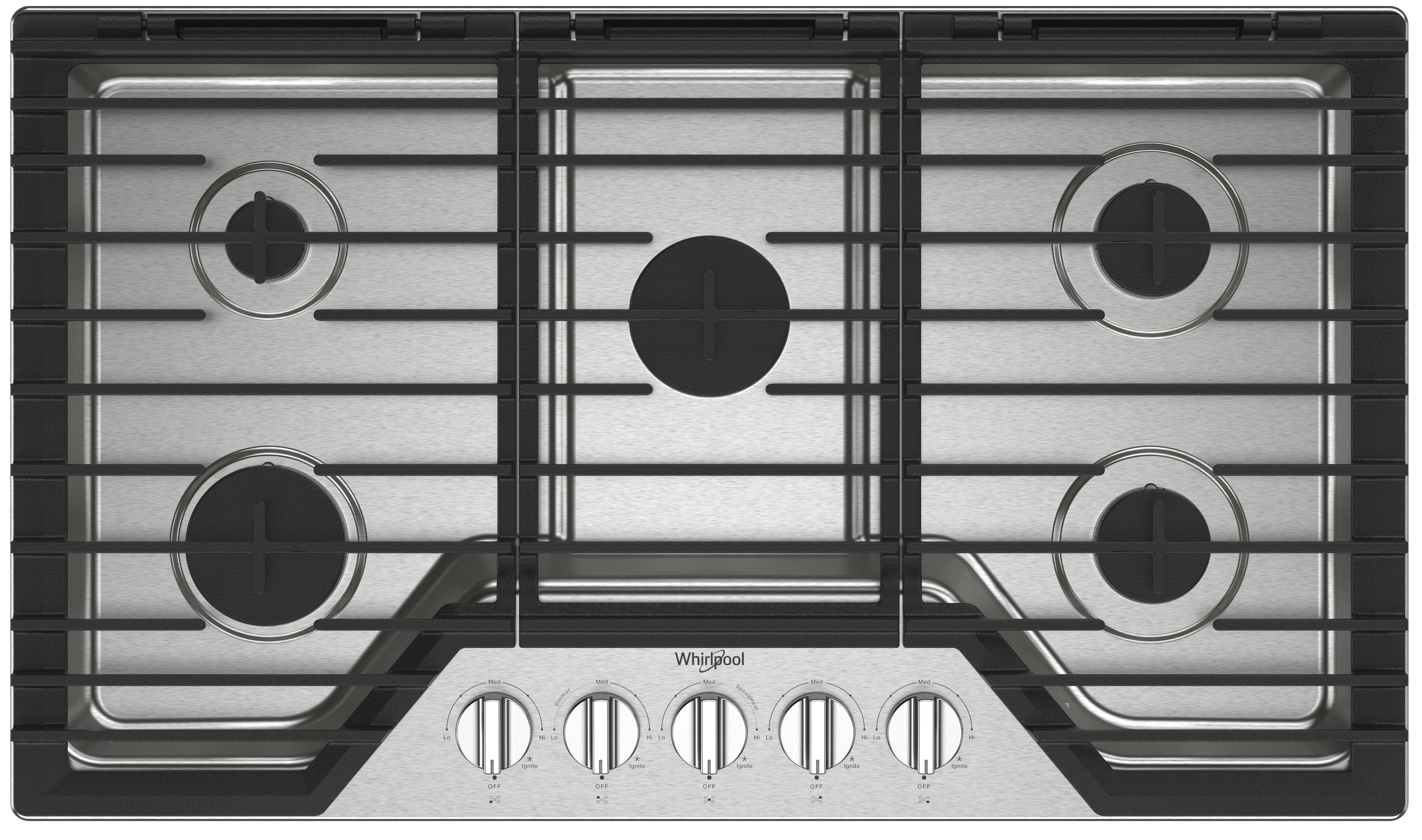 Whirlpool Whirlpool 36-inch Gas Cooktop with 5 Sealed Burners, SpeedHeat(TM) Burner, Simmer Burner, EZ-2-Lift(TM) Hinged Cast-Iron Grates - Stainless Steel